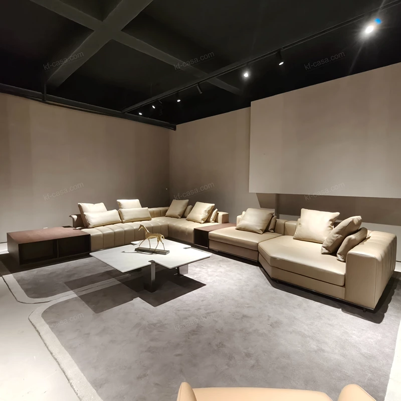 Modern L-Shaped Modular Top-Grain Leather Sofa with Integrated Solid Wood Storage Side Tables